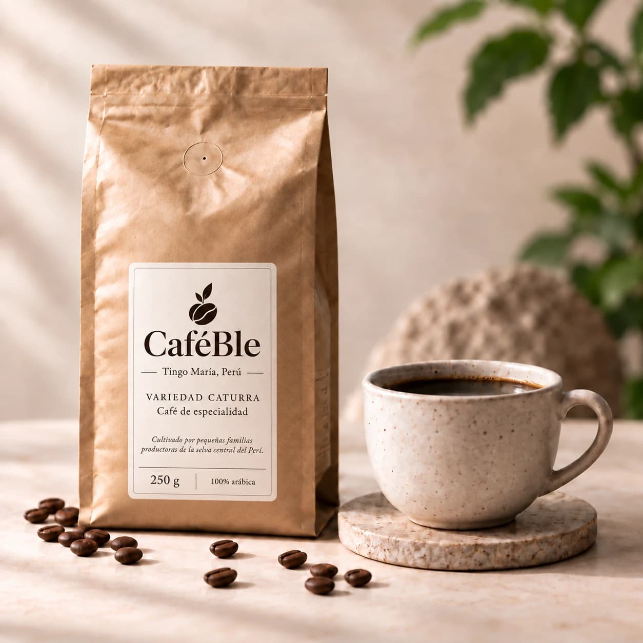 Bolsa de café CaféBle junto a una taza recién servida